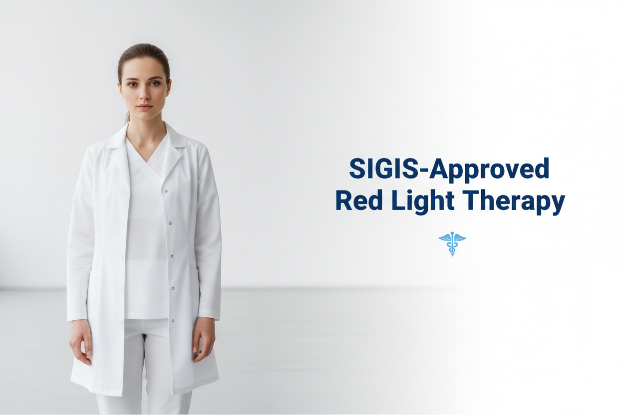 A professional Shopify homepage hero image. A European or American female model wearing a white medical uniform stands on the left side of the frame in a bright minimal studio. The right side of the image shows clean white space with bold text reading “SIGIS-Approved Red Light Therapy.” The composition looks clinical, trustworthy, and scientific, with soft lighting and a modern medical aesthetic. No visible mask or device.